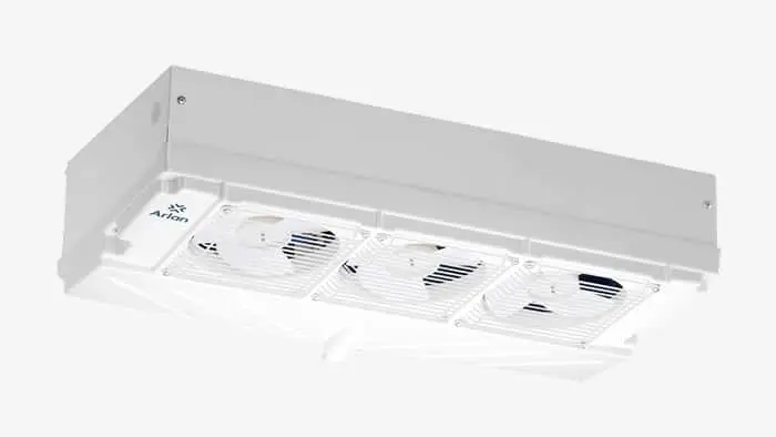 White Arlan cabinet cooler with three fans and vents on a light gray background.