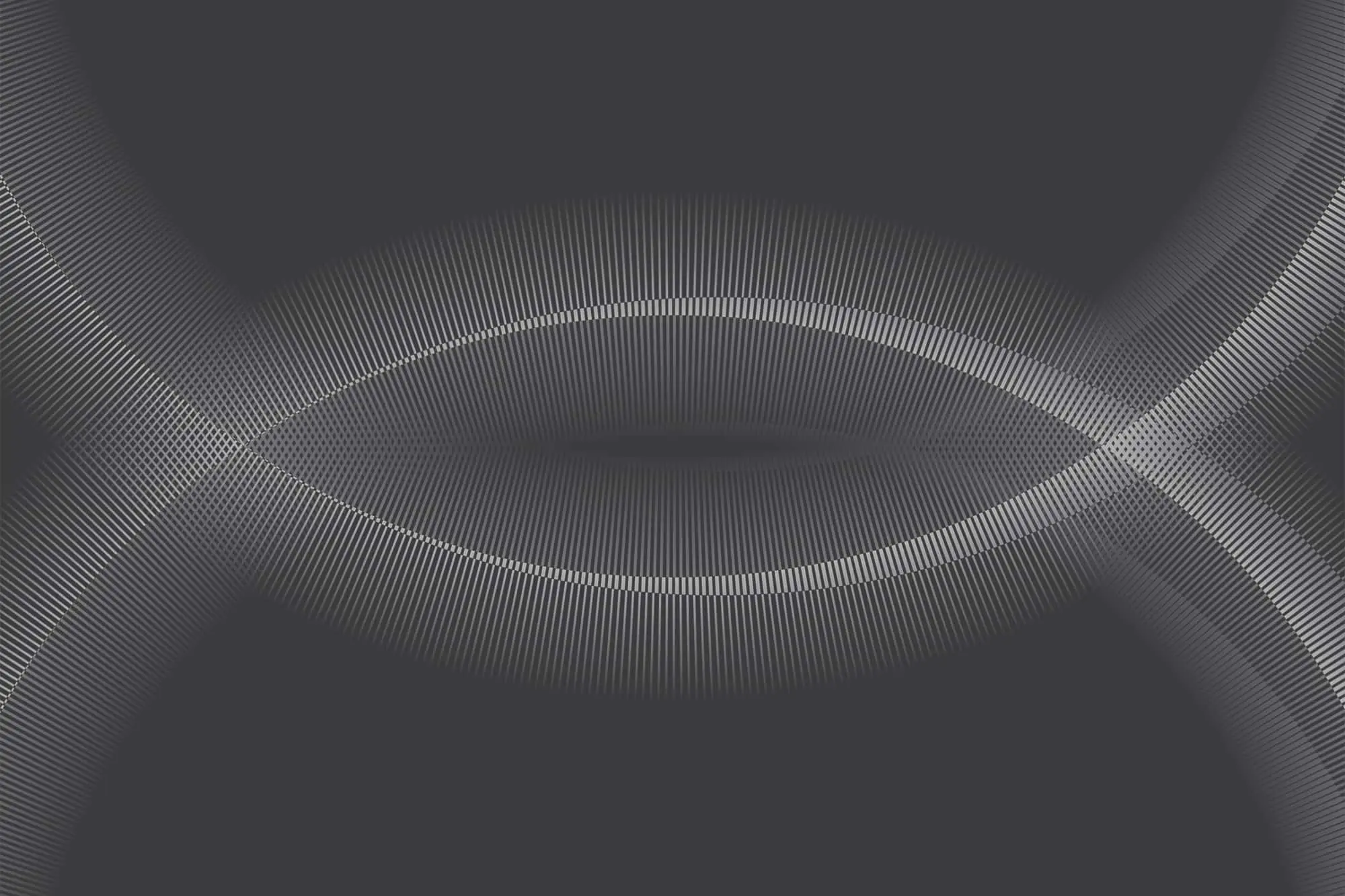 Abstract oval shape with radiating lines creating a three-dimensional effect on a dark gray background.