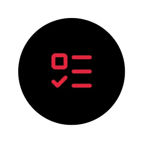 Red checklist icon with checkbox, checkmark, and lines on black circular background