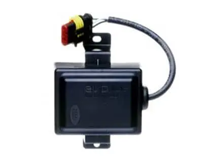 Black electronic control box with attached cable and red-yellow connector mounted on bracket