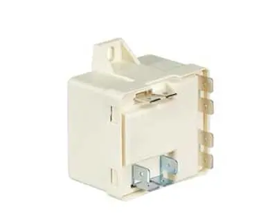 White plastic refrigerator relay and overload protector with metal terminals and mounting bracket.
