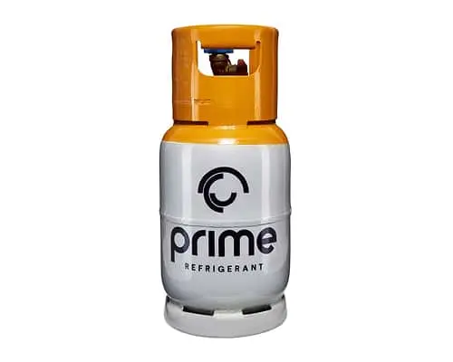 White and orange Prime refrigerant gas cylinder with black logo and text on white background.