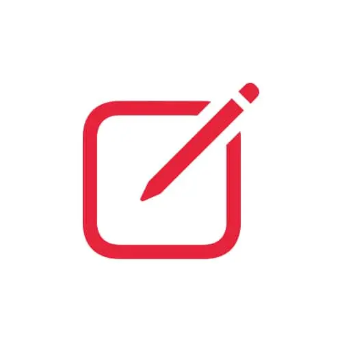 Red pencil icon positioned diagonally over a red square outline on a white background.