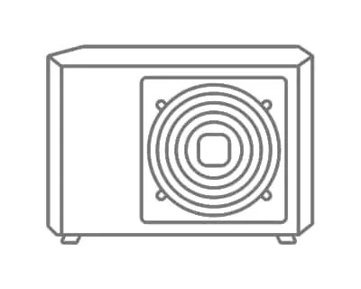 Line drawing of an air conditioning outdoor unit with circular fan grille on front panel