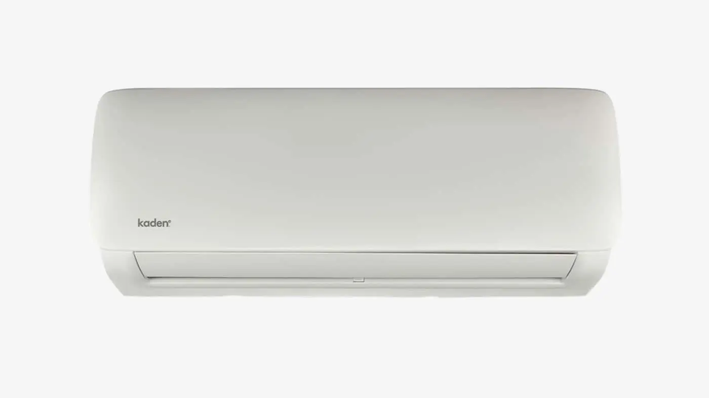 White wall-mounted air conditioning unit with Kaden brand logo on a light gray background.