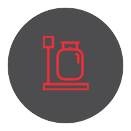 Red outline icon of a weighing scale with a container on a dark gray circular background.