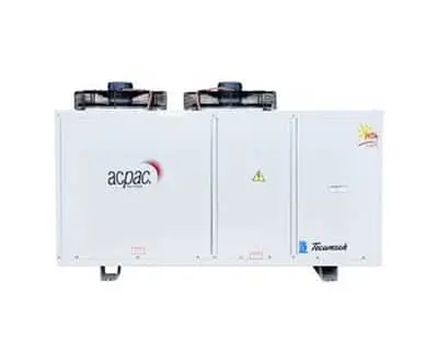White industrial condensing unit with two fans on top and acpac branding on the front panel