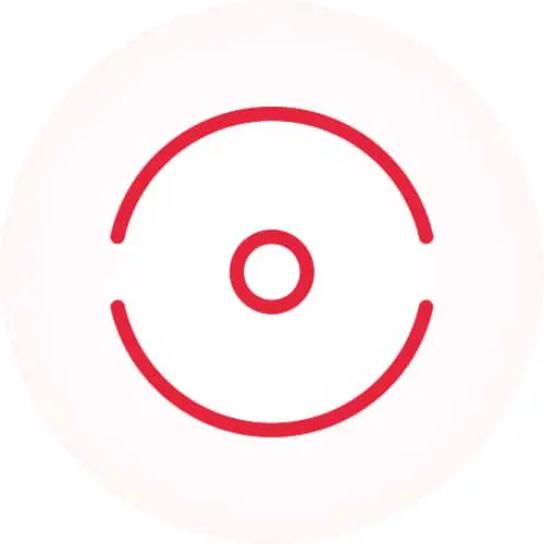 Red circular icon with a small circle in the center and two curved lines forming an incomplete outer circle on white background.