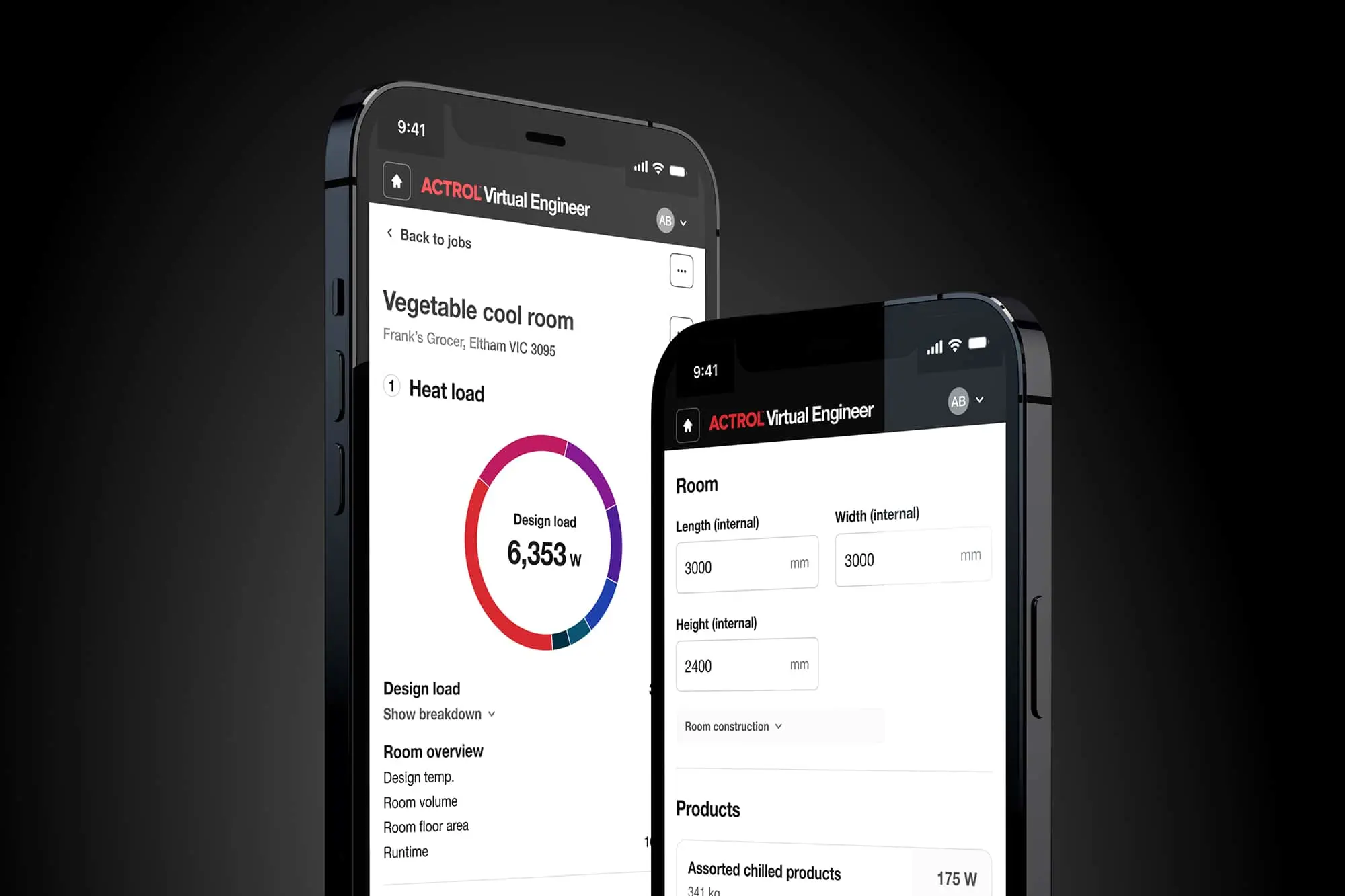 Two mobile devices show Actrol's new Virtual Engineer tool including heat load calculation and product selection