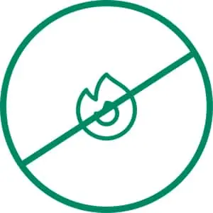 Teal icon of a flame inside a circle with a diagonal line through it, indicating no fire or flame prohibited