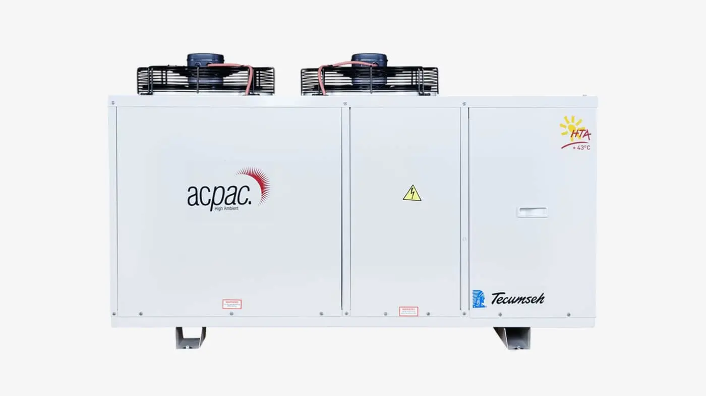 White industrial cooling unit with two fans on top, labeled with acpac and Tecumseh logos on front panels.