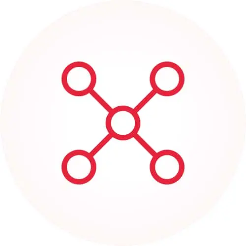 Red network icon with five connected circles on a light pink circular background