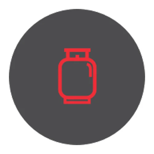 Red outline of a propane tank or gas cylinder on a dark gray circular background.