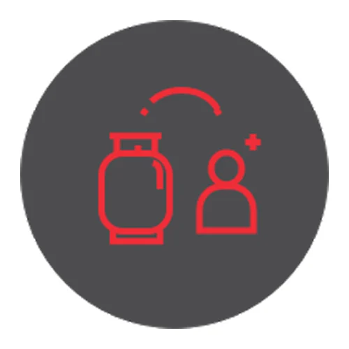 Red icons of a propane tank and person silhouette on a dark gray circular background.