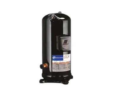 Black cylindrical scroll compressor with blue and white label on white background