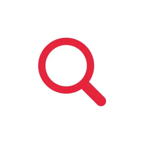 Red magnifying glass icon on white background