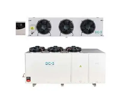 Industrial refrigeration unit with three black fans on top and white control panel, and matching condenser unit below.