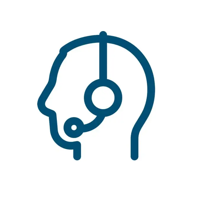 Blue outline icon of a human head in profile wearing a headset with microphone on white background.