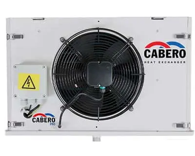 White rectangular electric defrost evaporator unit with large black circular fan and Cabero branding on front panel.