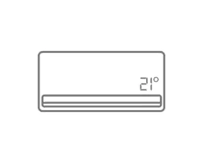 Wall-mounted air conditioning unit displaying 21 degrees on digital screen in simple line drawing style