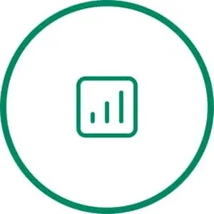 Teal icon showing three ascending vertical bars inside a rounded square, enclosed in a circular border on white background.