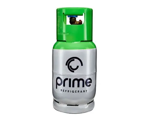 Green and silver refrigerant cylinder with Prime Refrigerant branding on a white background.