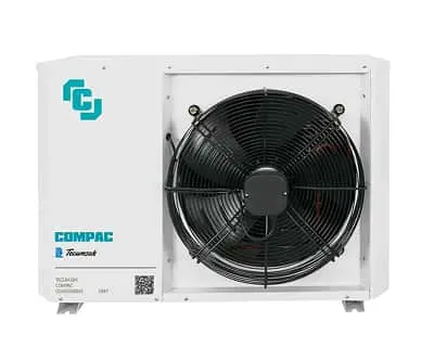 White compressor unit with large black fan and protective grille on front panel