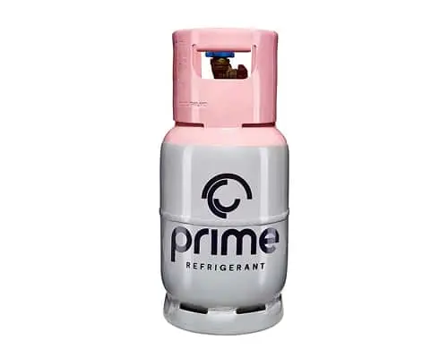 Prime refrigerant gas cylinder with pink top and white body on white background