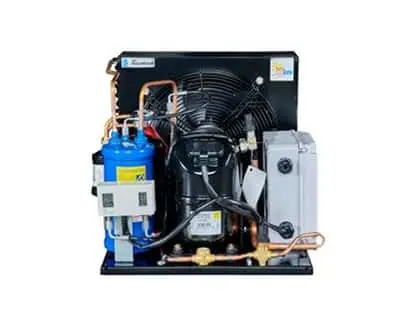 Industrial refrigeration unit with blue compressor, black fan, copper tubing, and control panel on metal base.
