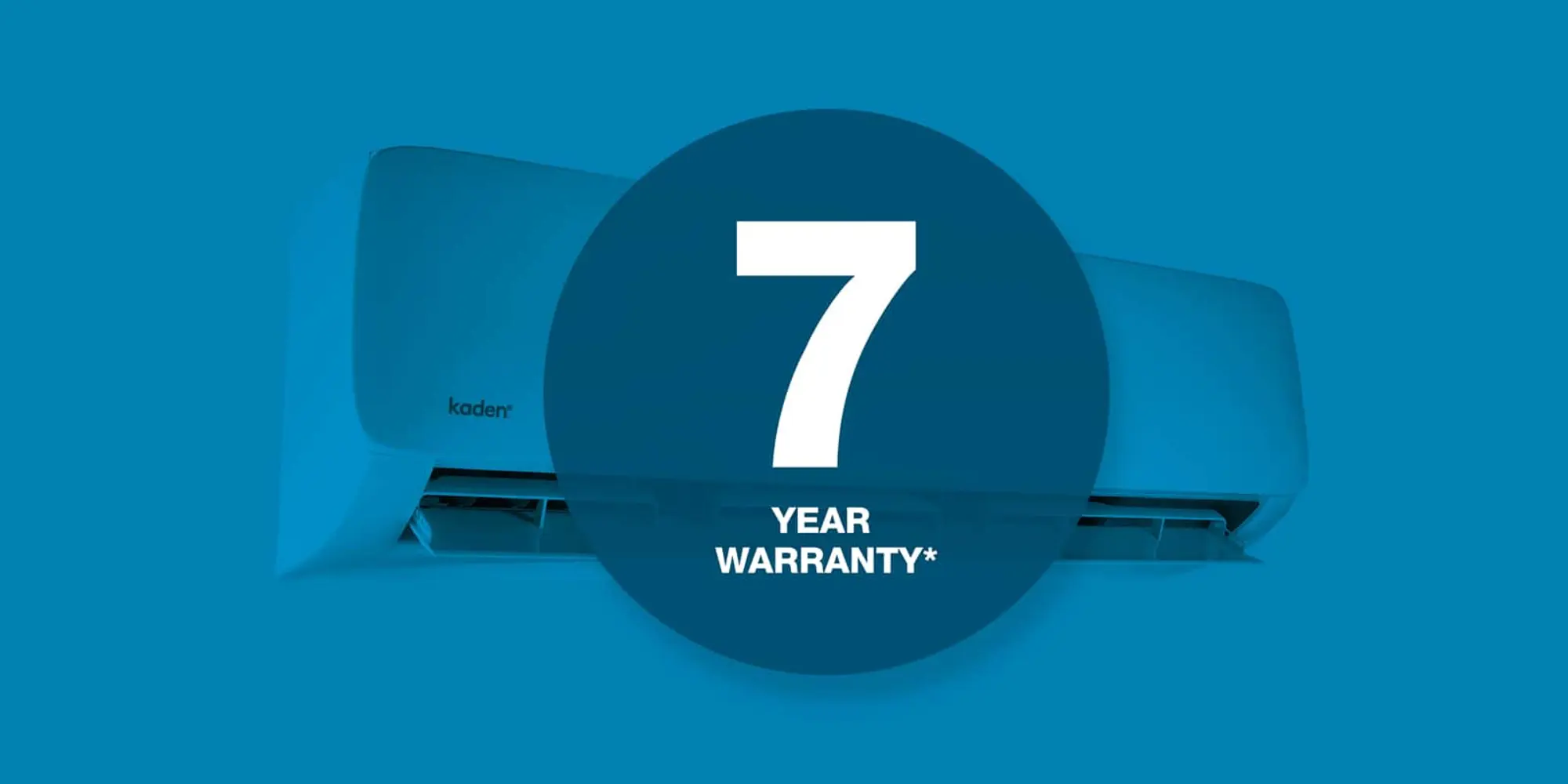 Blue air conditioning units with large white number 7 and text reading year warranty in center circle on blue background