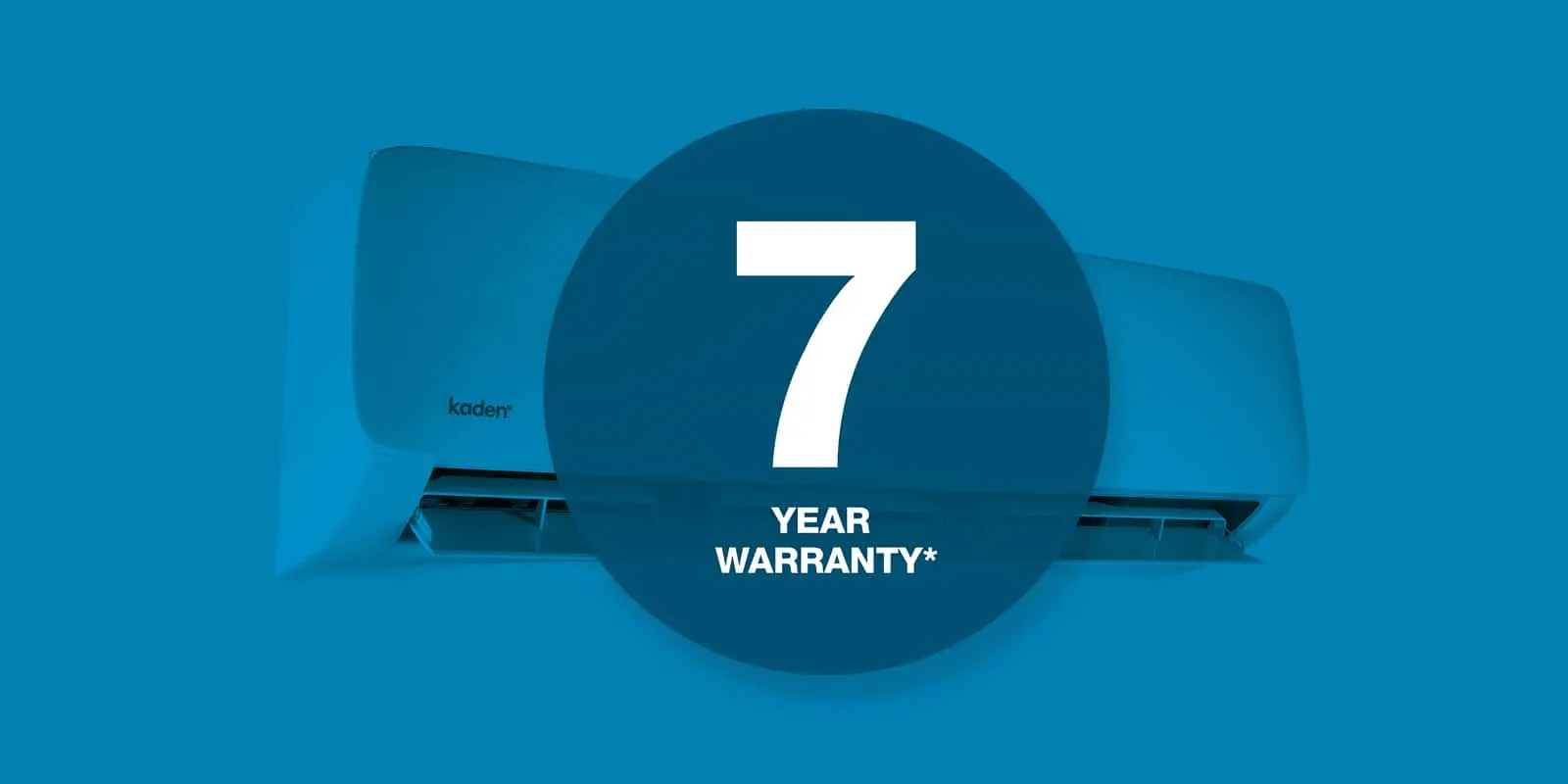 Blue air conditioning units with large white number 7 and text reading year warranty in center circle on blue background