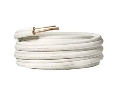 Coiled white refrigerator line with copper connectors on white background