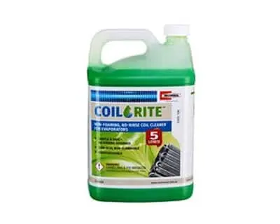Green liquid coil cleaner in a clear plastic jug with white cap and product label on front