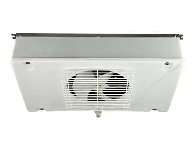 White ceiling-mounted evaporator unit with horizontal louvers and metal mounting rail on top