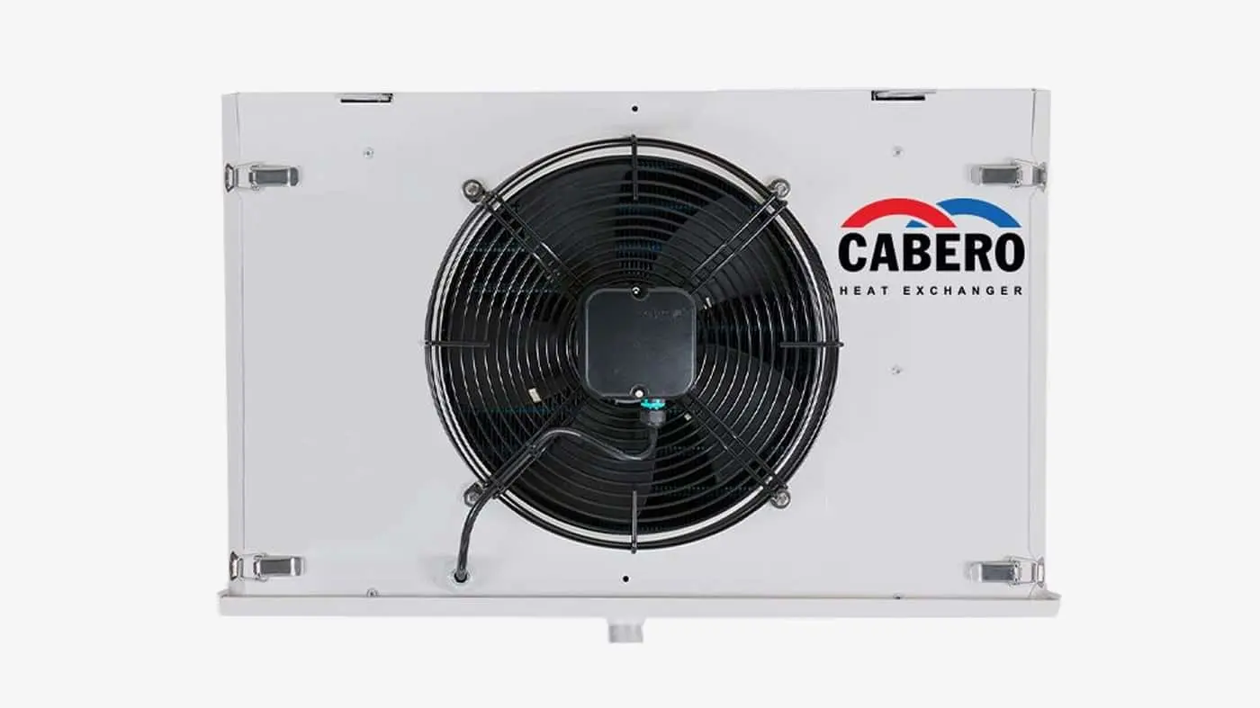 White Cabero air defrost evaporator unit with a large black circular fan in the center on a light background.