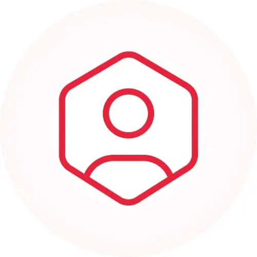 Red hexagon icon with simplified person silhouette inside on white circular background