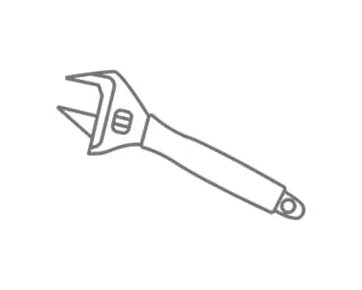 Gray line drawing of an adjustable wrench with open jaws and textured handle on white background.
