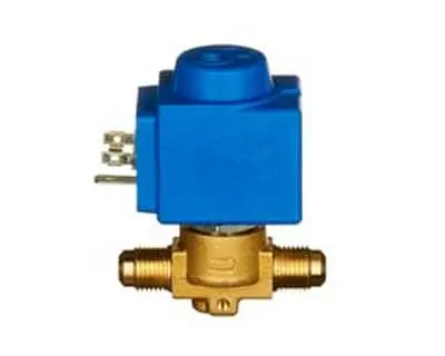 Blue solenoid valve with brass body and threaded connections on white background