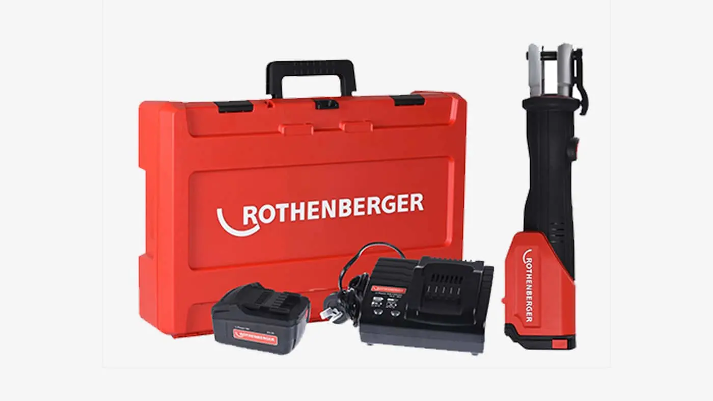 Red Rothenberger tool case with cordless power tool, battery, and charger displayed in front.