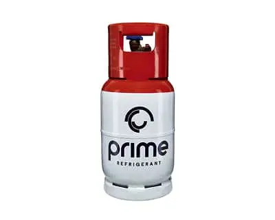 White refrigerant cylinder with red cap and black Prime Refrigerant logo on front