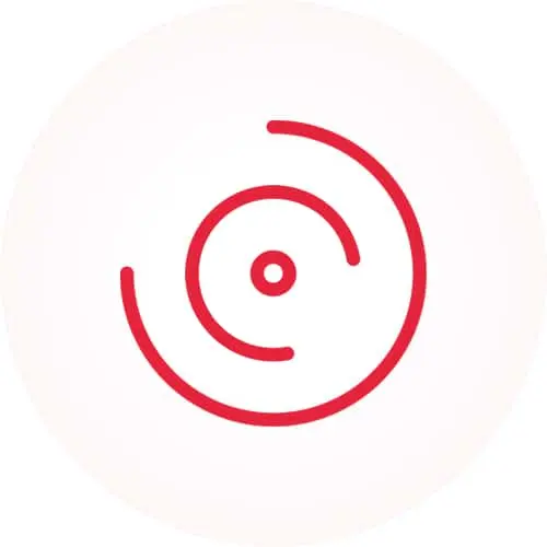 Red spiral icon with concentric circles and a center dot on a light pink circular background