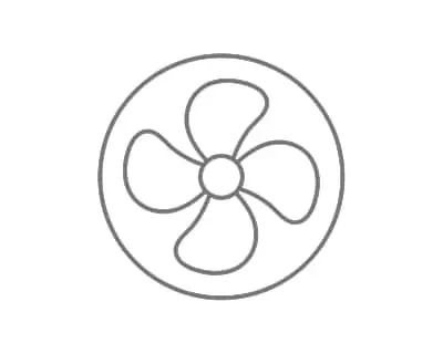 Gray outline icon of a four-blade fan or propeller inside a circle on white background.