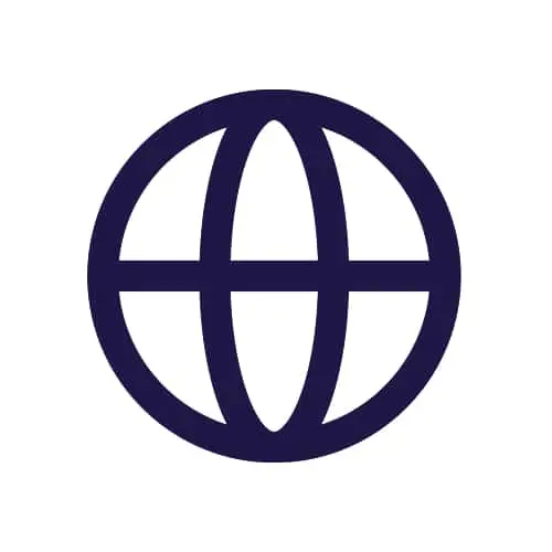 Dark blue globe icon with latitude and longitude lines on white background
