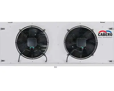 White water defrost evaporator unit with two large black circular fans and Cabero branding on the right side.