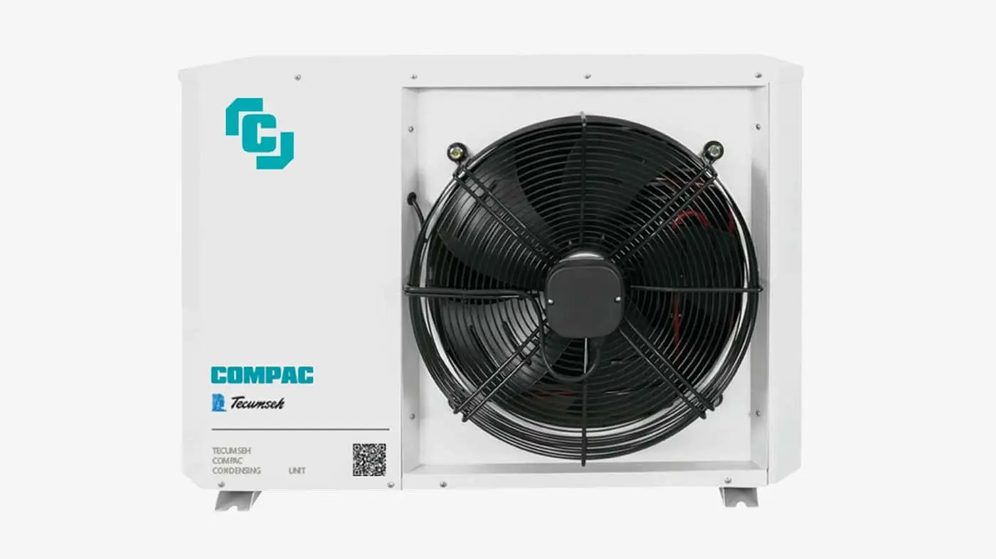 White Compac Tecumseh condensing unit with large black fan and teal logo on front panel.