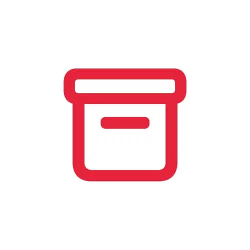 Red and white icon of a box with a lid and label on the front