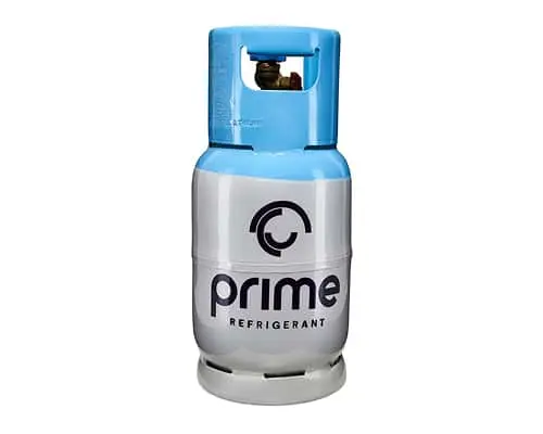 Gray and blue refrigerant gas cylinder with Prime branding and blue valve cap on white background.