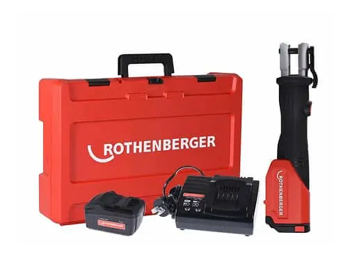 Red Rothenberger tool case with battery-powered crimping tool, battery pack, and charger displayed in front.