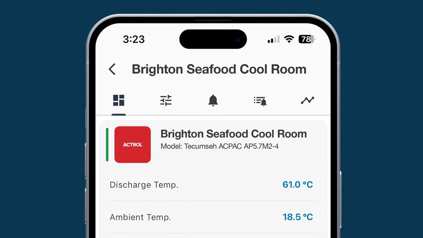 Smartphone displaying Brighton Seafood Cool Room monitoring app with discharge temperature 61.0°C and ambient temperature 18.5°C