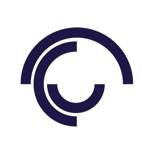 Dark blue circular logo with segmented rings and gaps on white background